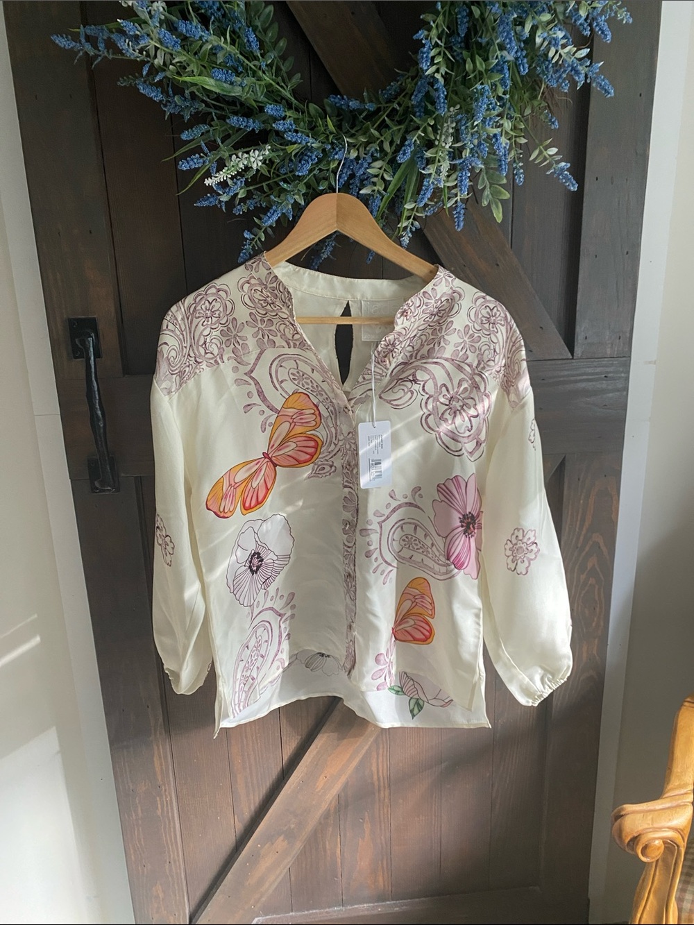 Johnny Was Cream Blouse with Pink & Orange Butterfly Print